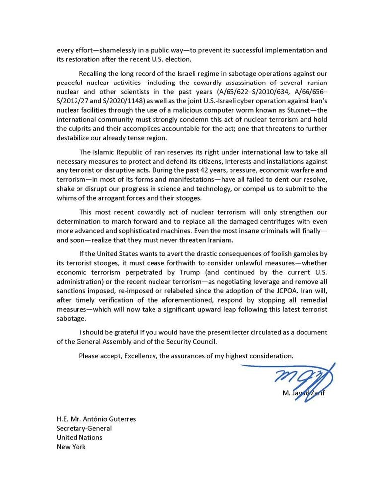 نامه ظریف به گوترش درباره حمله تروریستی رژیم صهیونیستی علیه نطنز
