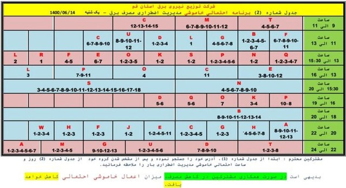 جدول خاموشی اضطراری در قم/ ۱۴ شهریور ماه